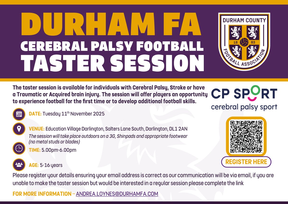 🎉 CP TASTER SESSION ⚽

📅 Date: Tuesday 11th November 2025
📍 Venue: Education Village Darlington, Salters Lane South, DL1 2AN
⏰ Time: 5:00 PM – 6:00 PM
👧 Ages: 5–16 years

✅ Register now: forms.office.com/e/Cj39h7K5AQ

📩 More info? Contact: andrea.loynes@durhamfa.com