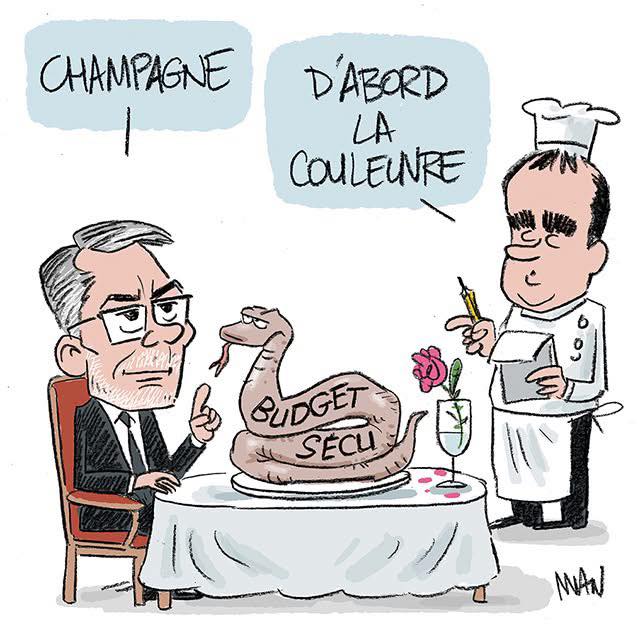 A cartoon illustration shows a gray-haired man in glasses and suit sitting at a dining table looking serious. He points at a large snake-shaped cake on a platter labeled Budget Secu with a rose decoration. A chef in white uniform and hat stands nearby holding a notepad and pencil. Speech bubbles above read Champagne first and then the color green from the man and Swallow the snake from the chef. A glass is on the table.