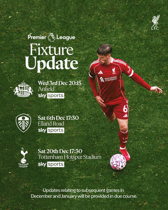 lfcstreamhd's tweet image. Fixture updates for rounds 14-17 in the @premierleague 

Follow @lfcstreamhd For Update Stream