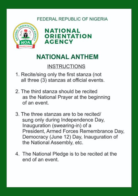 Green-bordered infographic with Federal Republic of Nigeria emblem at top left and National Orientation Agency logo at top right displaying title National Anthem and Instructions listing four points on reciting or singing stanzas at events including first stanza only at official events third as prayer at beginning all three on occasions like Independence Day and Presidential Inauguration and National Pledge at end.
