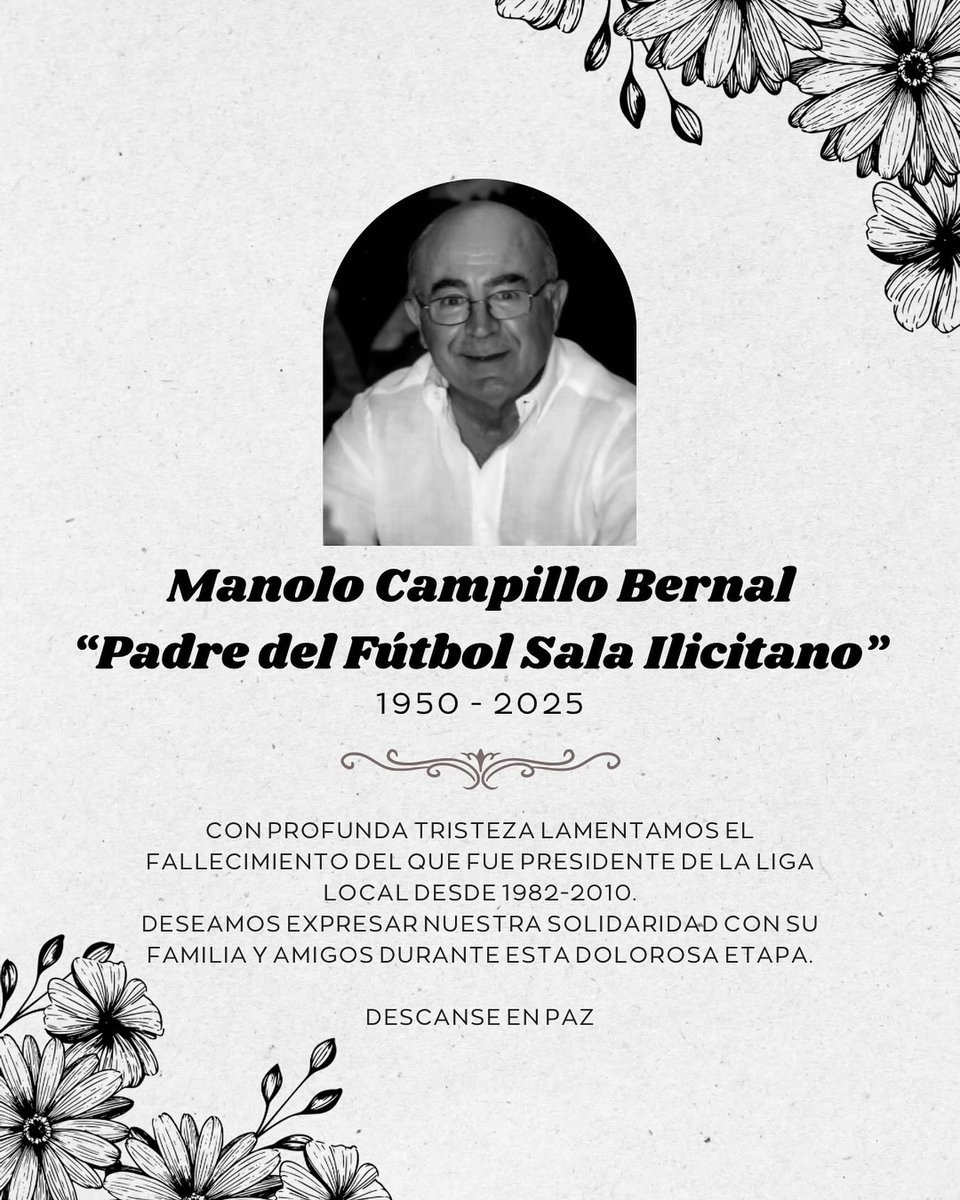 Con motivo del fallcimiento de D. Manuel Campillo Bernal,quien fuera presidente de la Liga Local de Fútbol Sala entre 1982 y 2010, y una figura clave en el desarrollo del fútbol sala ilicitano, Se guardará un minuto de silencio en todos los partidos correspondientes a la jornada