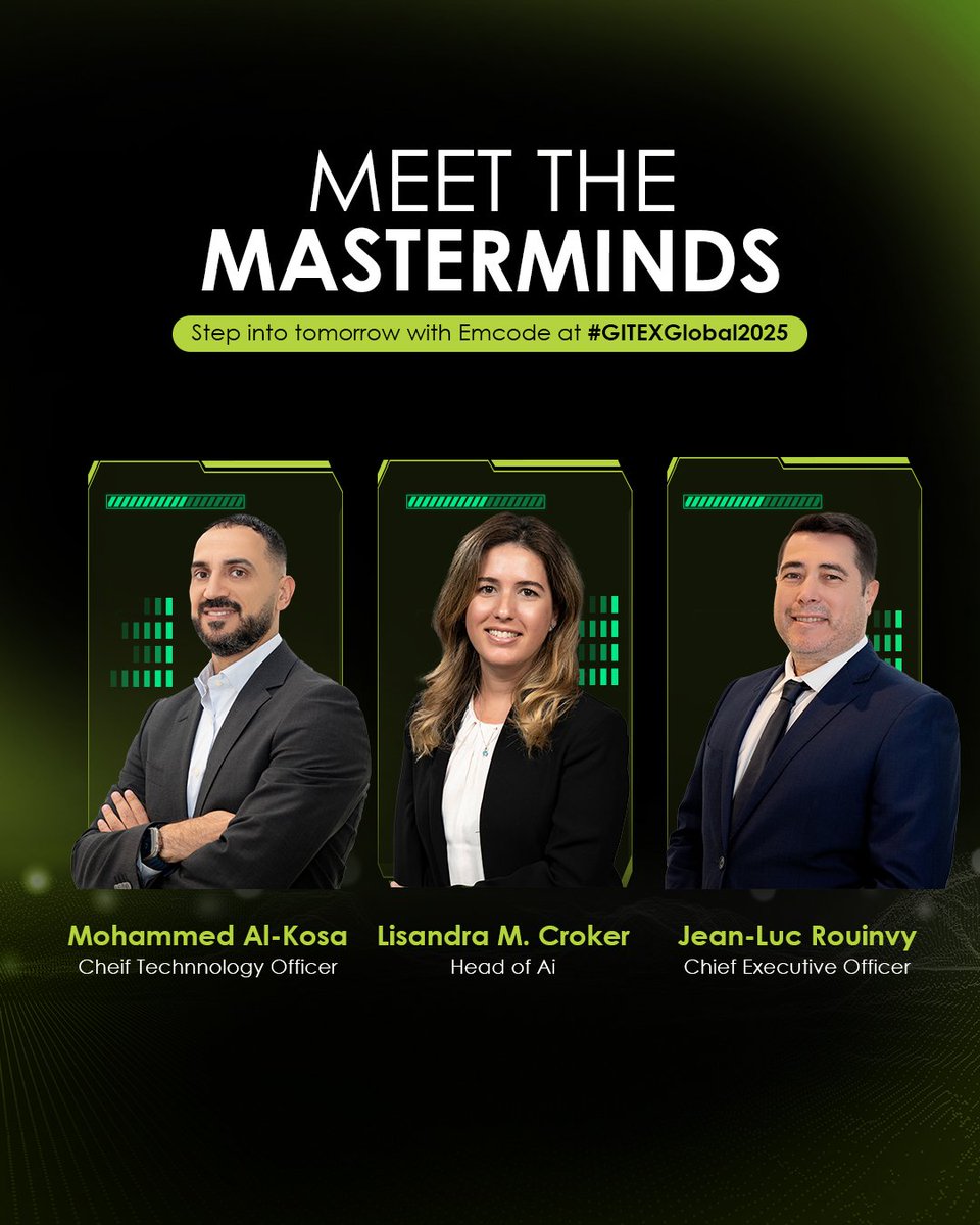 EmcodeTelematic's tweet image. Meet the masterminds behind Emcode.
Our innovators are ready to share how we’re building the future of AI, security, and digital transformation.

know more - emcode.ae/gitex-2025

#UXEatGITEX #AIleaders #Dubaiinnovation