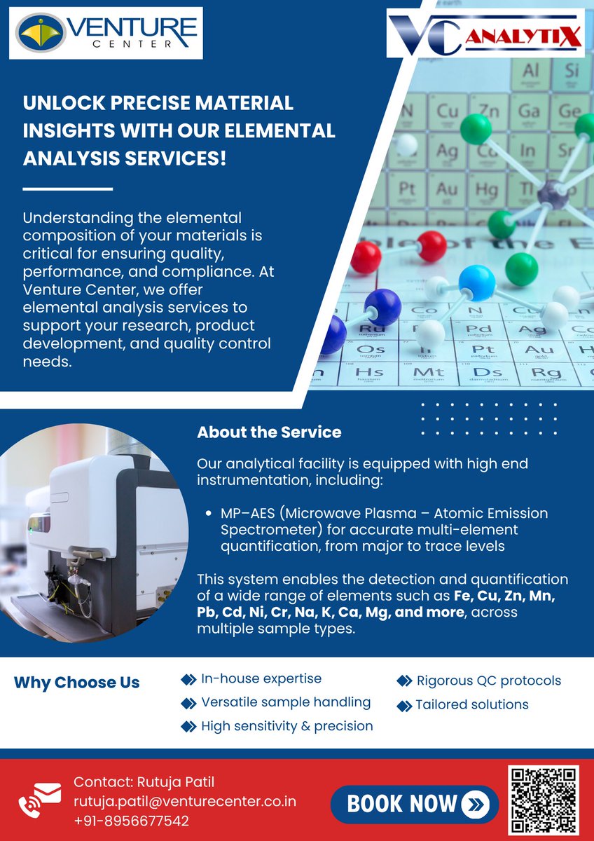 CBA_VC2019's tweet image. Unlock precise elemental insights with Venture Center’s MP-AES analysis. Detect &amp;amp; quantify major &amp;amp; trace elements (Fe, Cu, Zn, Pb, Ni &amp;amp; more) across solids, liquids, powders, polymers, and biomaterials.

⏩Book now: tinyurl.com/ffdz2nam
#ElementalAnalysis #AnalyticalChemistry