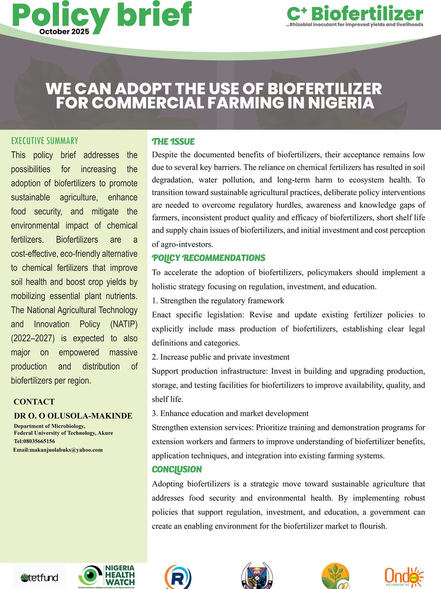 AjayiTitilopeB1's tweet photo. As we mark #WorldFoodDay2025 under the theme "Hand in Hand," let’s remember:achieving food security takes all of us working together.
Strong policies are key to driving the adoption of Biofertilizers, natural &amp; eco-friendly for our soil
Read &amp; share @consultRORI policy brief👇 https://t.co/AkWt6SrnjP