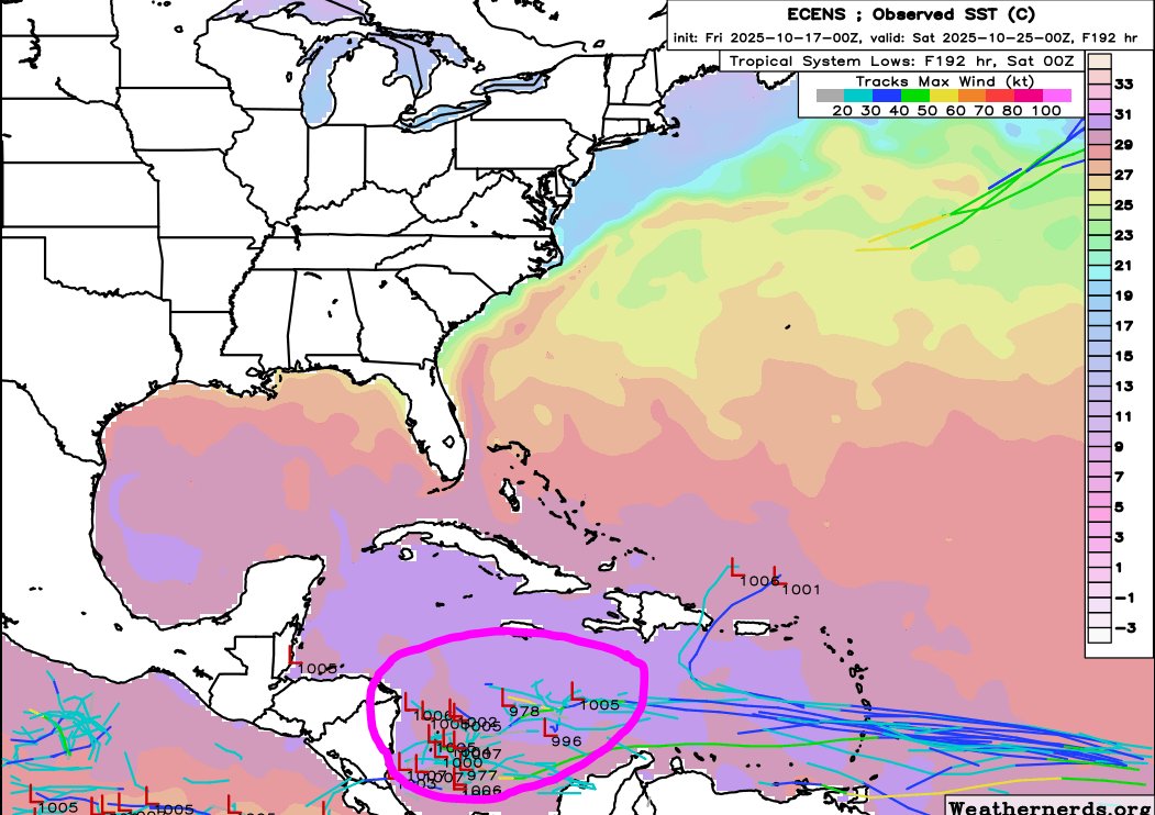 JimCantore's tweet photo. As discussed all week, now we have a couple areas to watch as we get past October’s midpoint.  The southern system is the only one of interest to the USA as it could get pulled north.  As to how close it comes to the USA mainland, it’s  anyone's guess at this point, but the farther west it gets and potentially develops the farther east it has to go to clear the southeast if it comes north.  This cat and mouse game should take about the rest of the month to complete since this disturbance could get caught in the Caribbean or Greater Antilles while the steering evolves.  As of right now we have no USA threat it is merely something to watch.

Latest model solutions (a week from today) are interesting as EURO buries it, GoogleDM curves it north early with intensity, and GFS has it along with a system from the CAG hanging out in the Caribbean.  Should be a fun week watching this.  Expect unsettled weather in the Lesser Antilles this weekend with its passage as potentially a named storm as some guidance has developed it earlier.  This is reflected with NHC's latest cone.