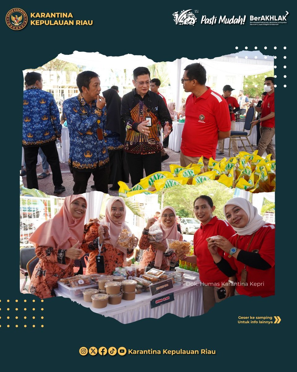 Kegiatan digelar di halaman kantor Karantina Kepri ini diisi oleh mitra-mitra Karantina yang menawarkan berbagai produk unggulan, mulai dari sembako murah, buah-buahan, produk ikan, daging ayam, daging sapi, sayuran, hingga berbagai olahan hewan dan ikan.