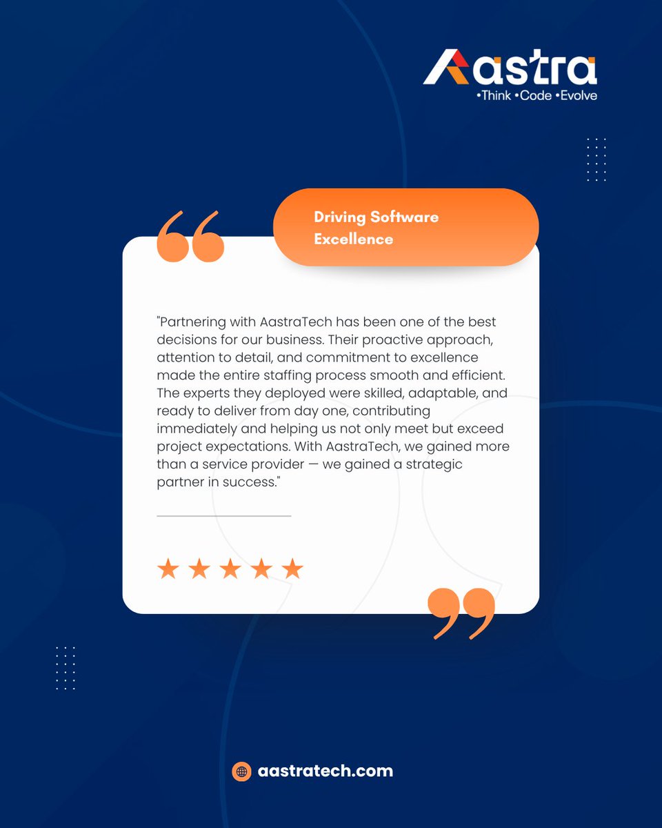 technologies024's tweet photo. 𝐃𝐫𝐢𝐯𝐢𝐧𝐠 𝐒𝐨𝐟𝐭𝐰𝐚𝐫𝐞 𝐄𝐱𝐜𝐞𝐥𝐥𝐞𝐧𝐜𝐞

"AastraTech’s proactive, skilled team delivered from day one — exceeding goals and proving to be a true success partner."

#AastraTechnologies #ClientSuccess #ITStaffing #SmartHiring https://t.co/Hw48m2DtgK