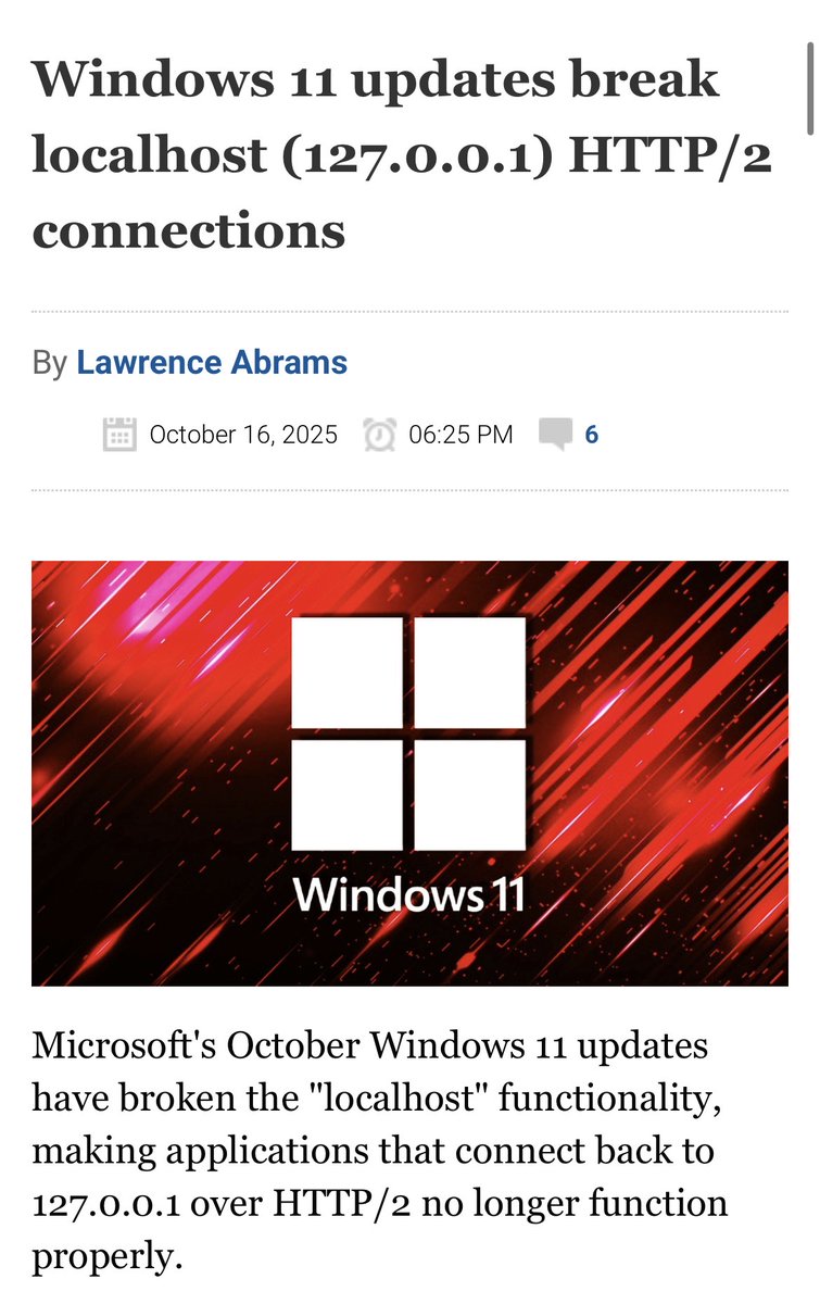 New Windows 11 updates break localhost (127.0.0.1) HTTP/2 connections