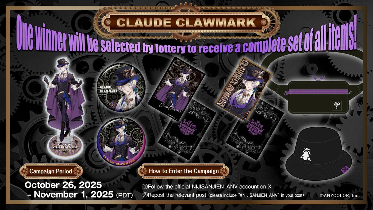 NIJISANJIEN_ANV's tweet photo. ＼Giveaway／
Win a full set of #ClaudeClawmark 2nd Anniversary merch! 🎁 One lucky winner will be chosen.

【Entry Period】Oct 26 (Sun) – Nov 1 (Sat)

【How to Enter】
① Follow @NIJISANJIEN_ANV
② Repost this post with #NIJISANJIEN_ANV

Don’t miss your chance! https://t.co/bOtB9orYeo