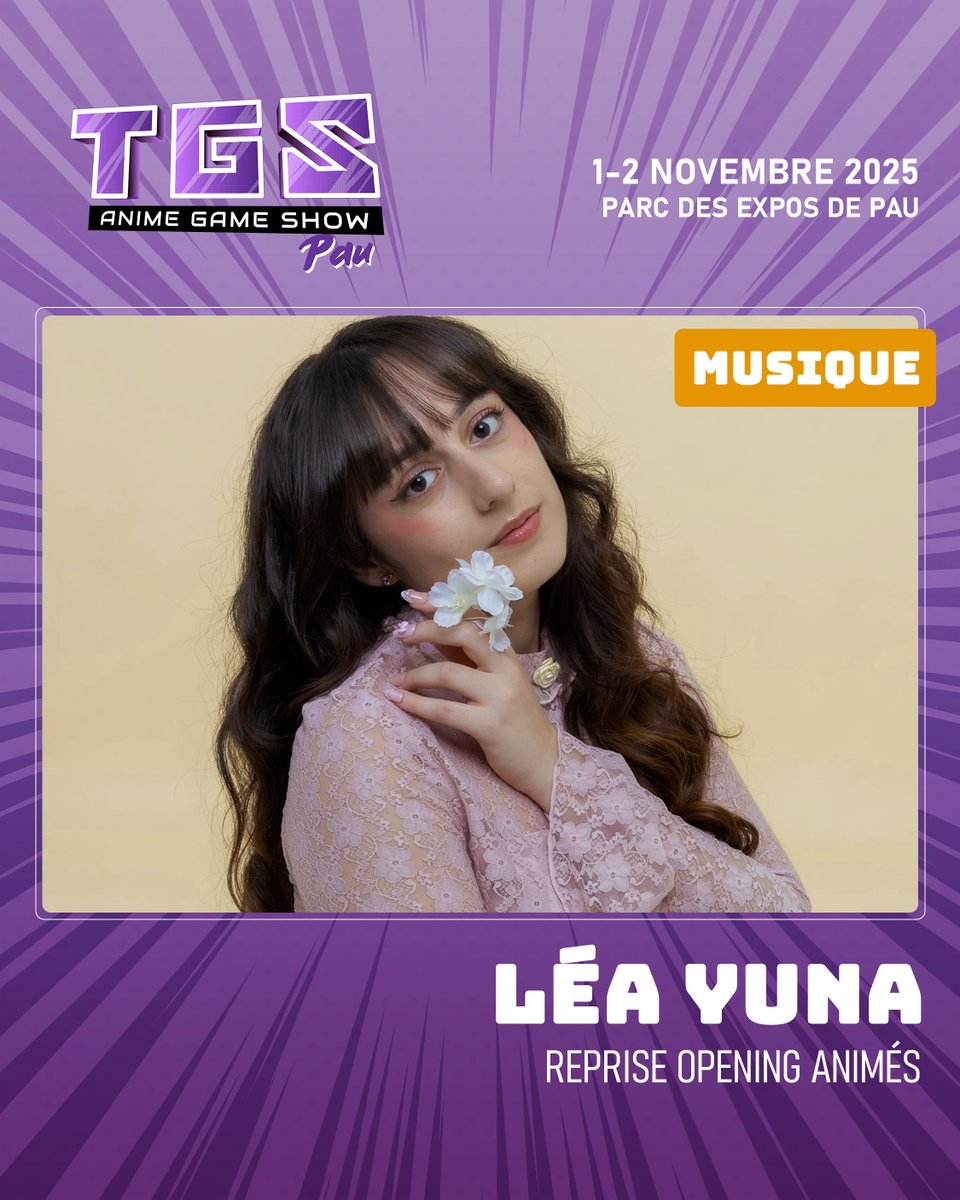 🎤 Léa Yuna en concert au TGS Pau dimanche ! 🇯🇵

Reprises d’openings cultes (Naruto, Demon Slayer, Your Name…), musique japonaise &amp; titre original avec KOHEI 🎶
Un nouveau morceau arrive bientôt ;) 
📍RDV dimanche 2 novembre !

#TGSPau #LéaYuna #AnimeMusic