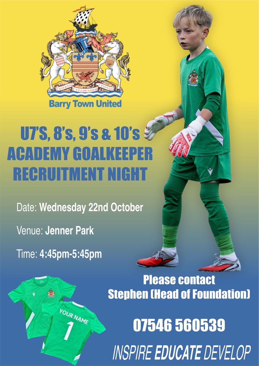 Calling all Goalkeepers 🥅 🧤⚽️

Come &amp; showcase your talent at our Open Recruitment Evening! ⭐️

Reach out via the flyer details to sign up 🖊️ 

<a href="/BarryTownUnited/">Barry Town United</a> 💛💙