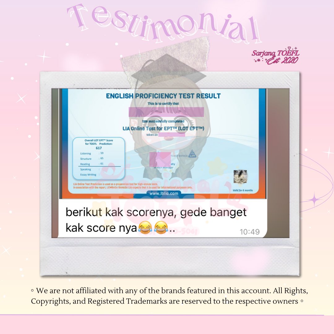 sarjanatoefl's tweet image. 🪄 EPT LIA Online 🪄
Kita bantu untuk pengerjaan tesnya yaa. Pastinya sertifikat resmi & terverifikasi ⛺️