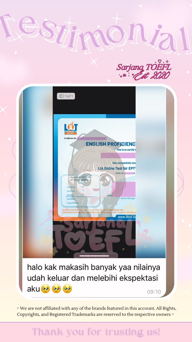 sarjanatoefl's tweet image. 🪄 EPT LIA Online 🪄
Kita bantu untuk pengerjaan tesnya yaa. Pastinya sertifikat resmi & terverifikasi ⛺️