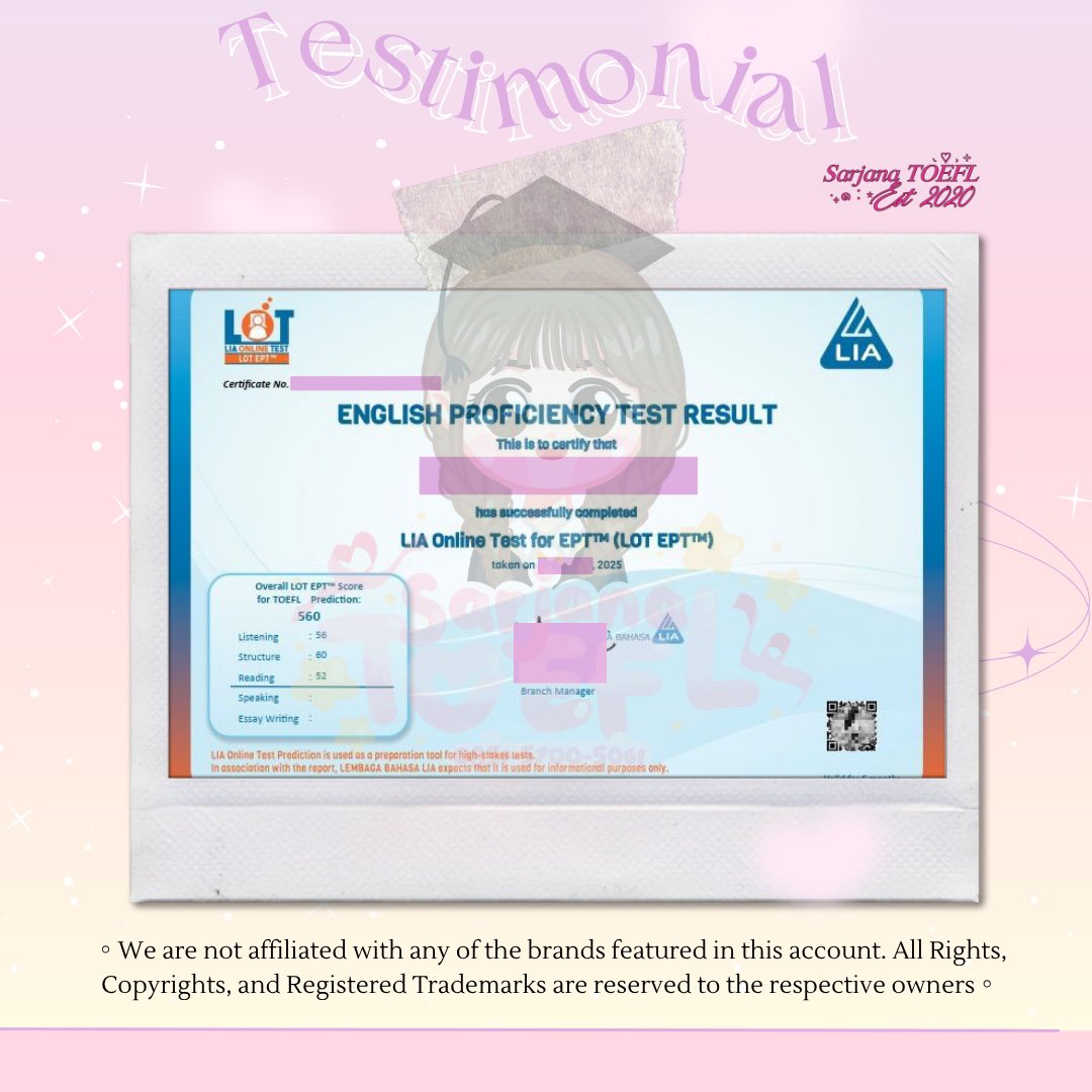 sarjanatoefl's tweet image. 🪄 EPT LIA Online 🪄
Kita bantu untuk pengerjaan tesnya yaa. Pastinya sertifikat resmi & terverifikasi ⛺️