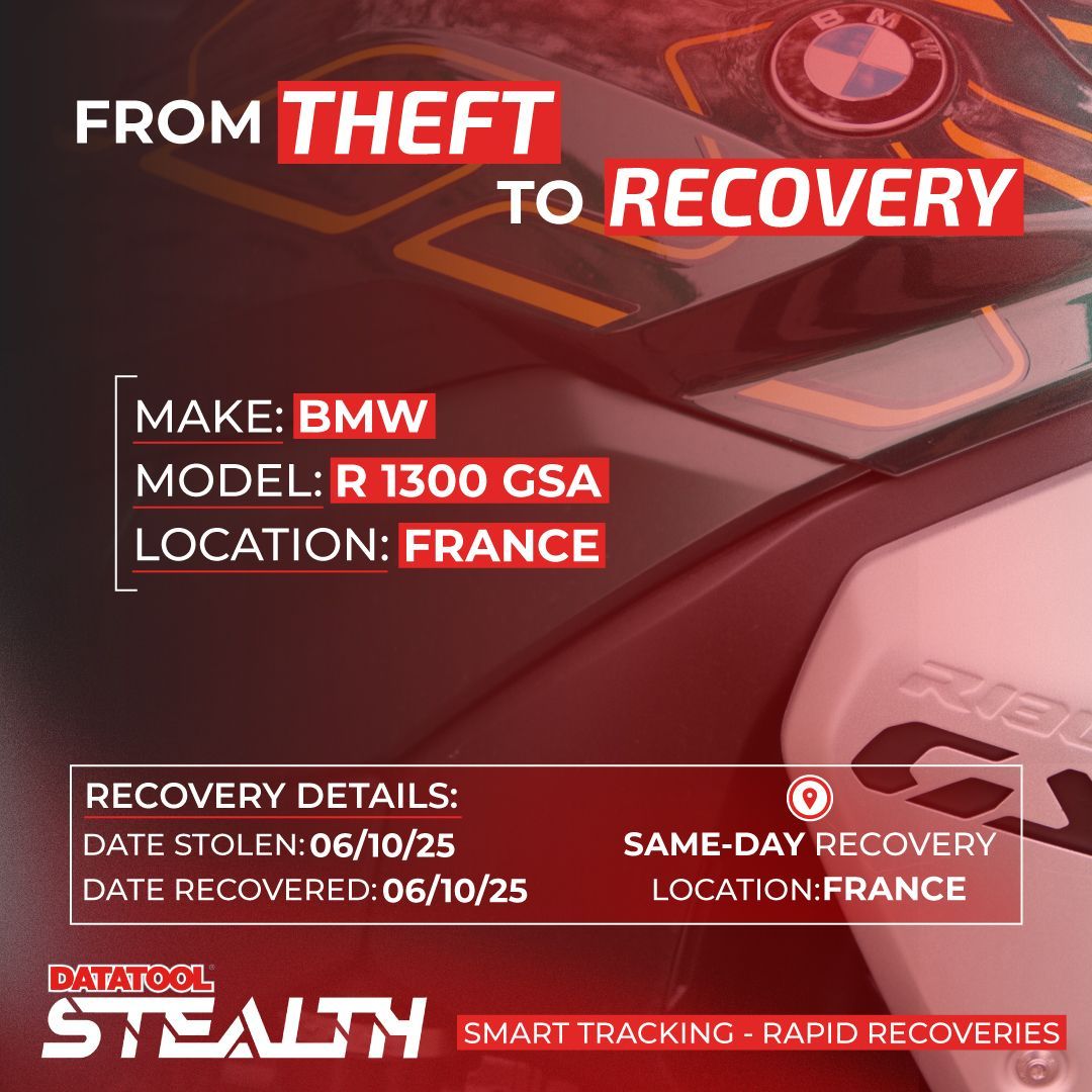 datatool's tweet image. Recovered in France — tracked, located, secured.
With Datatool Stealth, you’re covered across Europe.
#SafeWithDatatool #BikeSecurity #MotorcycleTracker