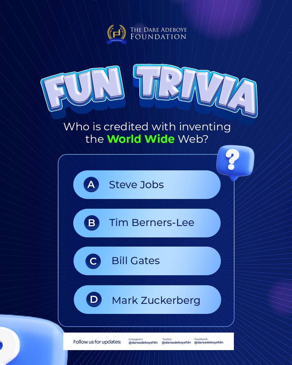 DareAdeboyeFDN's tweet image. Test Your Knowledge.

Who invented the World Wide Web?
A) Steve Jobs
B) Tim Berners-Lee
C) Bill Gates
D) Mark Zuckerberg

Comment your answer below, and let’s learn together.

#dareadeboyefoundation 
#Funtrivia