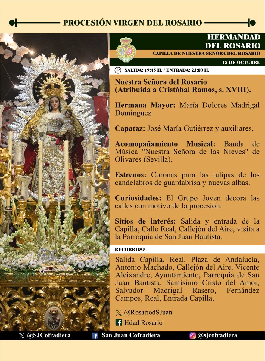 ℹ️ En el día de mañana la Virgen del Rosario del <a href="/RosariodSJuan/">HdadRosario</a> saldrá por las calles del Barrio Bajo de nuestro pueblo.

🕗 19:45/23:00

🎶 <a href="/BandalasNieves/">Las Nieves de Olivares</a>

Toda la información en la siguiente infografía ⤵️: