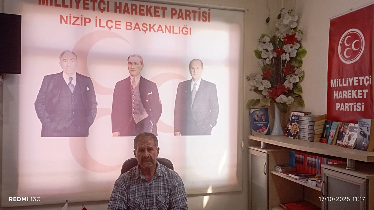 illiyetçi Hareket Partisi Nizip İlçe Başkanlığı Bugünkü Nöbet Sırasını (17/10/2025) Yönetim Kurulu Üyemiz Müslüm FIRAT Yerine Getirmektedir. Hayırlı Çalışmalar Diliyoruz. 

Davut KARABACAK 
M.H.P. Nizip İlçe Başkanı