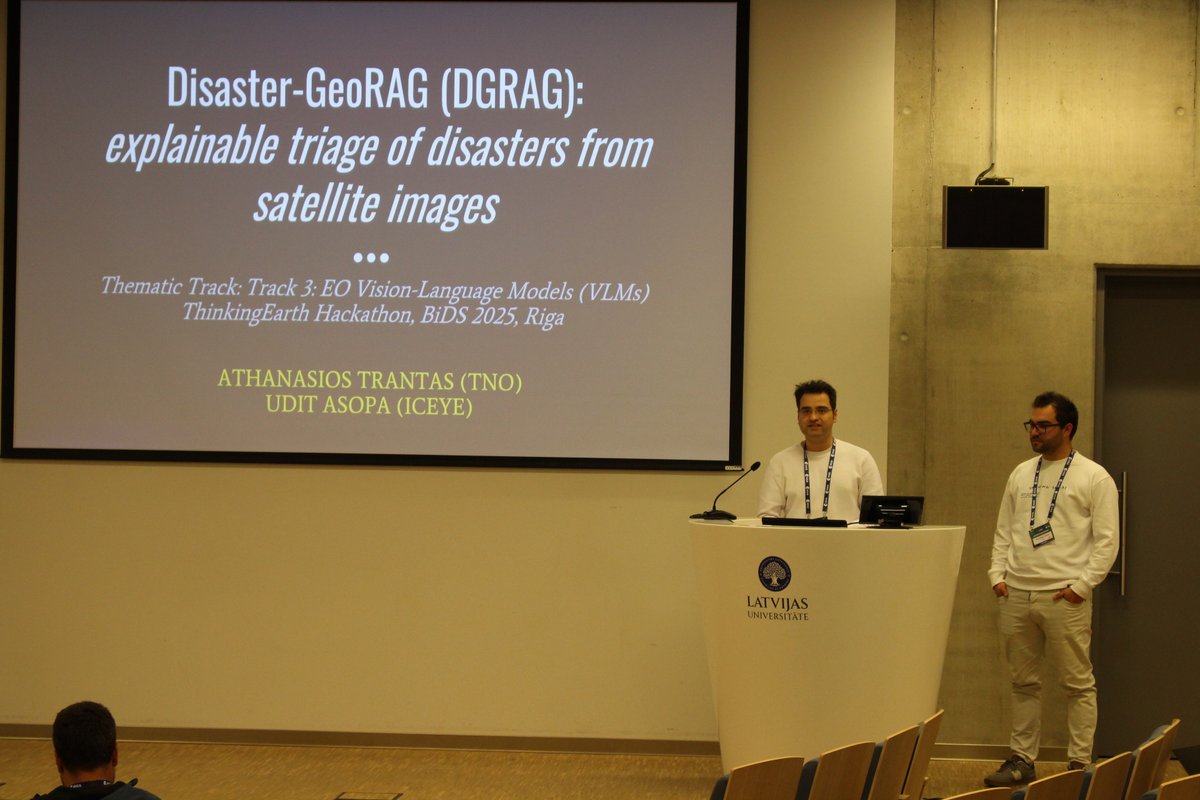 🏆 2nd place at the #ThinkingEarth Hackathon: Disaster-RAG 🌍

A Retrieval-Augmented Generation system for rapid disaster triage on satellite imagery — grounded in #Copernicus &amp; NASA data for explainable, uncertainty-aware answers.

Built in &lt;8h.
#AIforGood #EO #DisasterResponse