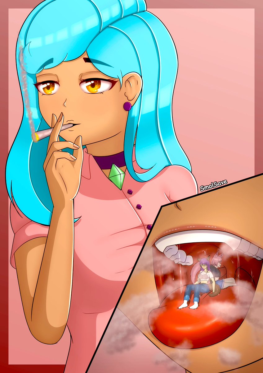 (Moving from Bluesky to here lol)
CW: Vore &amp; drug use)
 I believe that hotboxing tinies in a maw is very underused; so testing the effects with Corra as well as <a href="/JoMoestarSize/">Jo Moéstar 🐺🏳️‍🌈🔞 (Shadow of the Jolossus)</a> &amp; <a href="/RuruFops/">RuruFops</a> 

Artist:<a href="/SmolSave/">Save</a> 

#giantess #sizetwitter #vore