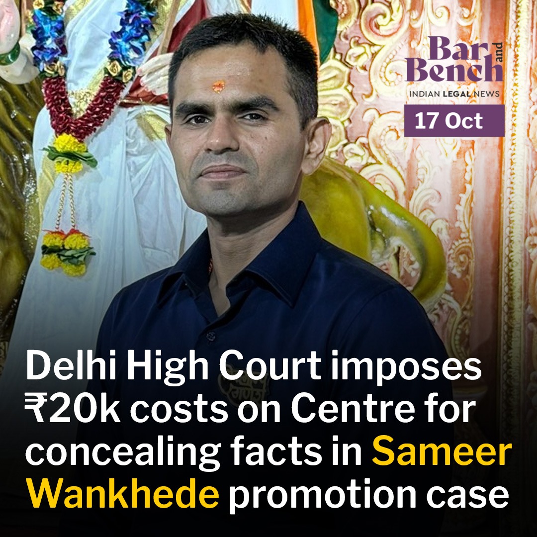 barandbench's tweet photo. Delhi High Court imposes ₹20k costs on Centre for concealing facts in Sameer Wankhede promotion case

Read more: https://t.co/3hyAHLMhuz https://t.co/sKMKPuzTte