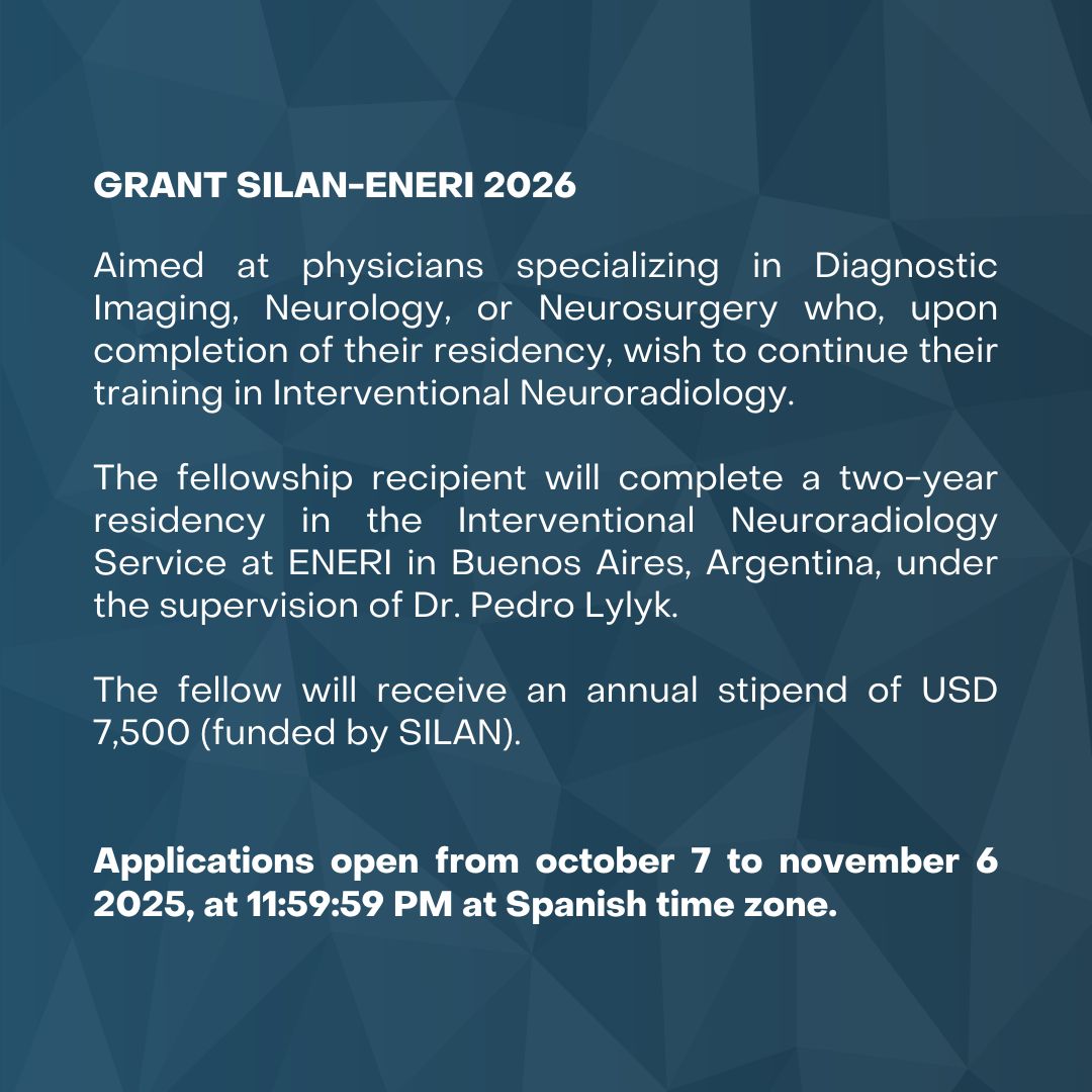 SILAN (@silan_neurorad) on Twitter photo BECA SILAN-ENERI 2026
📍 Duración: 2 años
💰 Aporte anual: 7.500 USD (financiado por SILAN)
🗓 Postulaciones: del 7 de octubre al 6 de noviembre de 2025 (zona horaria de España)
👉silan.org/apertura-de-po…
#BecaSILANENERI #FormaciónMédica #Neurociencia #SILAN #ENERI BECA SILAN-ENERI 2026
📍 Duración: 2 años
💰 Aporte anual: 7.500 USD (financiado por SILAN)
🗓 Postulaciones: del 7 de octubre al 6 de noviembre de 2025 (zona horaria de España)
👉silan.org/apertura-de-po…
#BecaSILANENERI #FormaciónMédica #Neurociencia #SILAN #ENERI