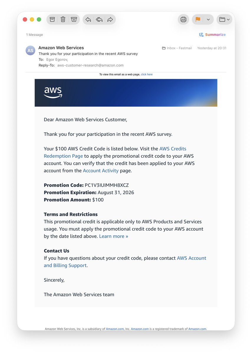 Got credited $100 by <a href="/awscloud/">Amazon Web Services</a> for my unparalleled contribution. Nice.