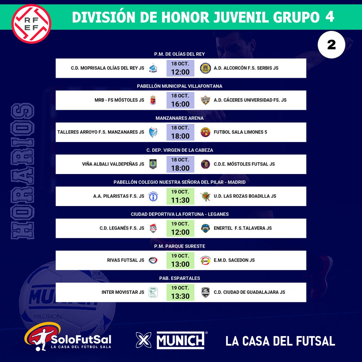 🟩DIVISIÓN DE HONOR JUVENIL FUTSAL · GRUPO 4⃣ 
📆 2ª JORNADA · ⏰ Horarios

⚡ Novedad importante: 
👉 ¡Recuerda tenemos MARCADORES en directo! 
📎 solo-futsal.es/livescores

✍️ Consulta los horarios de la jornada: 
📎 solo-futsal.es/division-honor…

📆 Calendario completo de partidos: