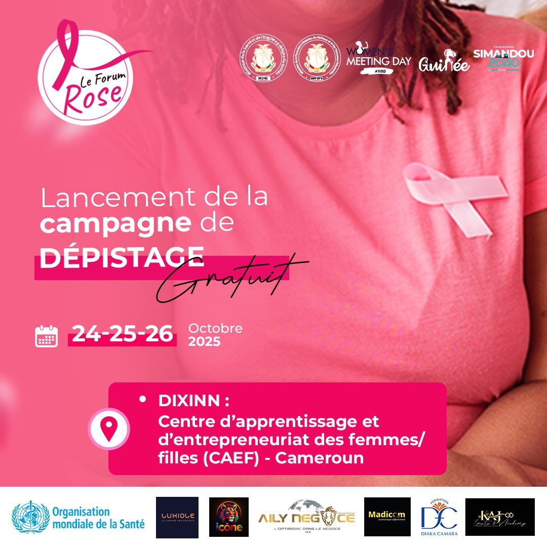 🎗️ Les 24, 25 et 26 oct. 2025, WMD organise une campagne de dépistage du cancer du sein et du col de l’utérus à Conakry.

👉 À Dixinn, rendez-vous au CAEF de Cameroun de 8h à 16h pour un dépistage gratuit. Faites-vous dépister, c’est vital ! 💗

#ForumRose #WMD2025 #Guinée