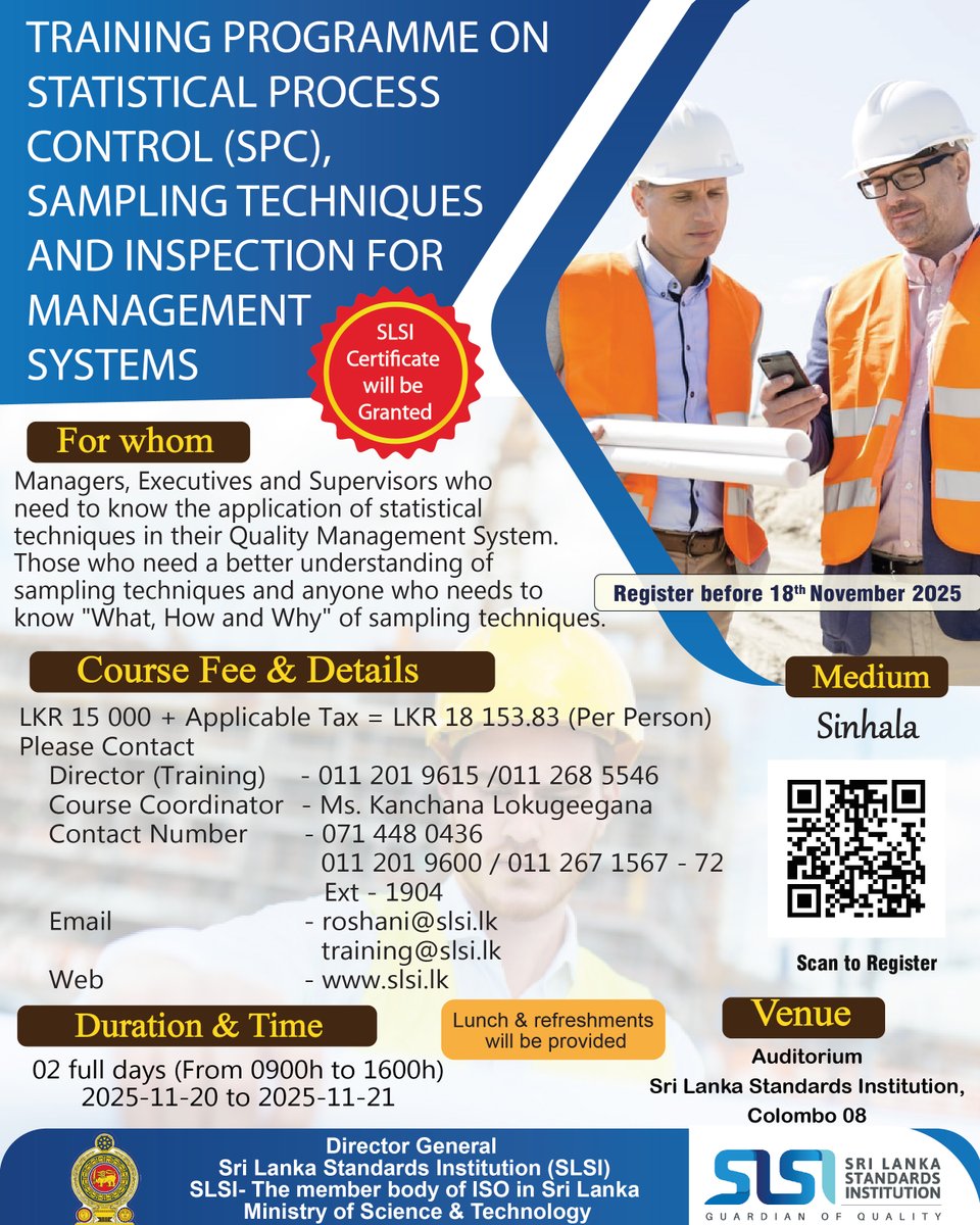 SLSIOfficial's tweet image. TRAINING PROGRAMME ON STATISTICAL PROCESS CONTROL (SPC), SAMPLING TECHNIQUES AND INSPECTION FOR MANAGEMENT SYSTEMS
#slsi #training #quality #qualityeducation #srilankastandardsinstitution #srilanka #productivity #managementsystems #sampling #statistical #sampling