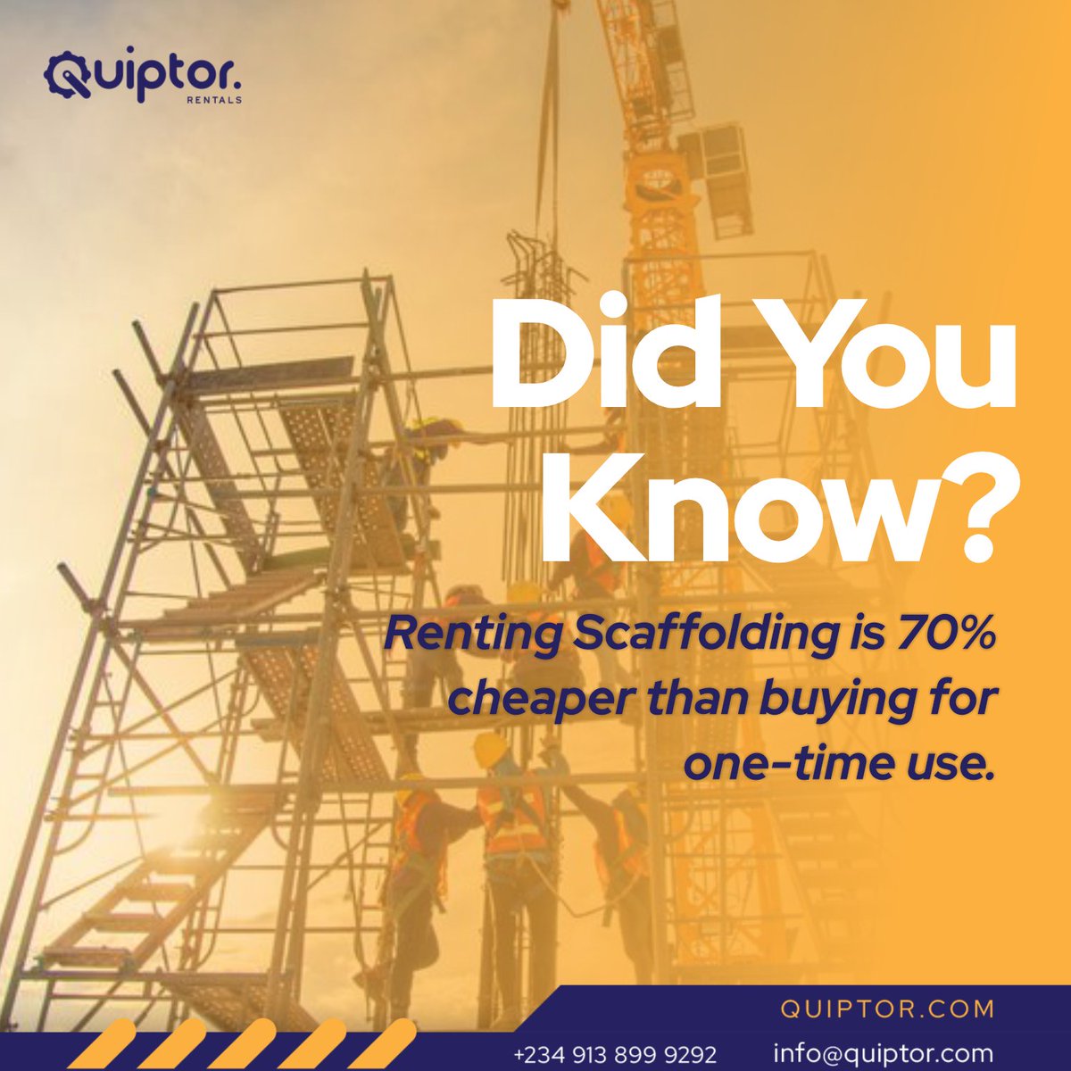 quiptorofficial's tweet image. Why buy when you can save? Renting scaffolding can cut your project costs by up to 70%! Work smart, build smarter with Quiptor.”
#QuiptorRentals #SaveBig #SmartProjects #CostEffective #BuildWithQuiptor
