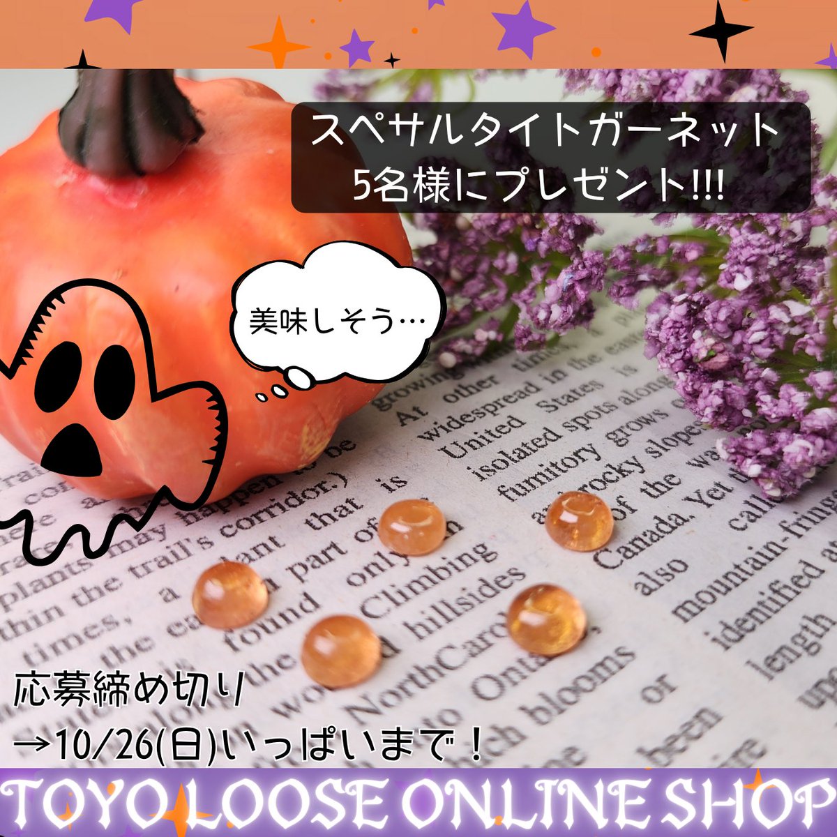 （お菓子みたい…）〇。👻
#東洋ルース オンラインショップ🎃✨
プレゼントキャンペーン‼

・当アカウントをフォロー＆当ポストをリポスト

して頂いた皆様の中から「スペサルタイトガーネット」を抽選で5名様にプレゼントいたします！

お化けくんにとられちゃう前に！
ぜひぽちっとして下さい♪☺