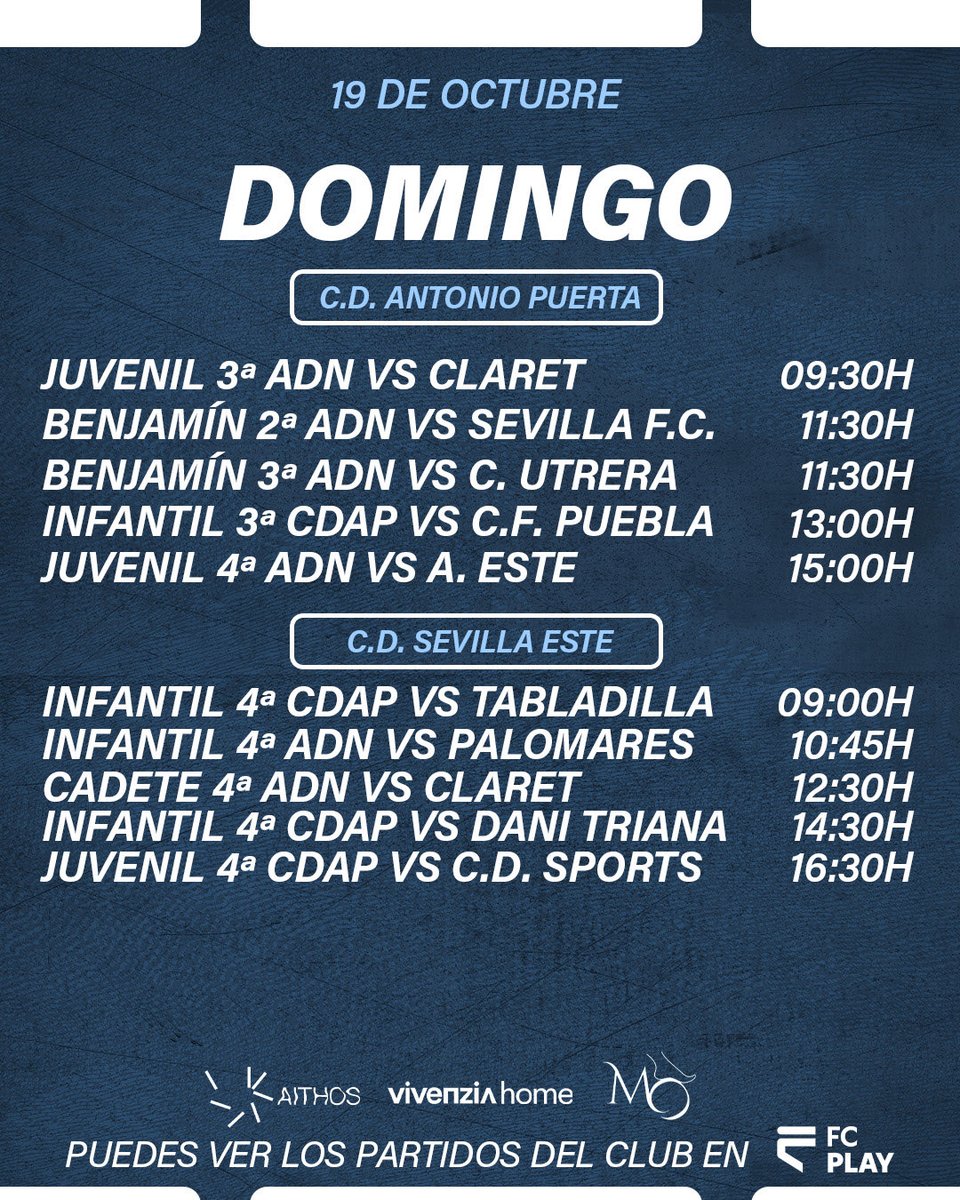 ¡𝐇𝐨𝐫𝐚𝐫𝐢𝐨𝐬 𝐝𝐞 𝐥𝐨𝐬 𝐩𝐚𝐫𝐭𝐢𝐝𝐨𝐬 𝐞𝐧 𝐜𝐚𝐬𝐚 𝐝𝐞 𝐥𝐚 𝐬𝐞𝐦𝐚𝐧𝐚! ➡️ 18 al 19 de octubre 

🔥 Tenemos doble partido para nuestra afición. Nuestro Juvenil 2a Andaluza y el primer equipo jugarán seguidos el sábado.

🤝🏻💙 Os necesitamos este fin de semana, afición