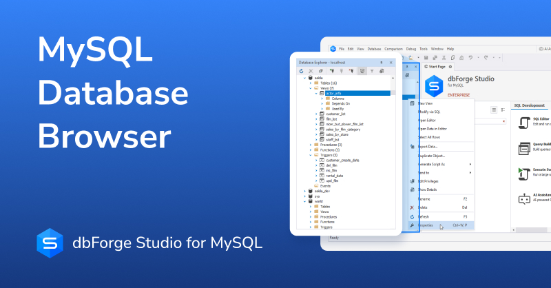 DevartSoftware's tweet image. 🔍 MySQL Database Browser: Access and View Data
👉 Take a look at Database Explorer in #dbForge Studio: is.gd/H9L0I1
✅ Download a 30-day free trial of AI-powered #dbForgeStudio for #MySQL and build a smooth and efficient database management process:…