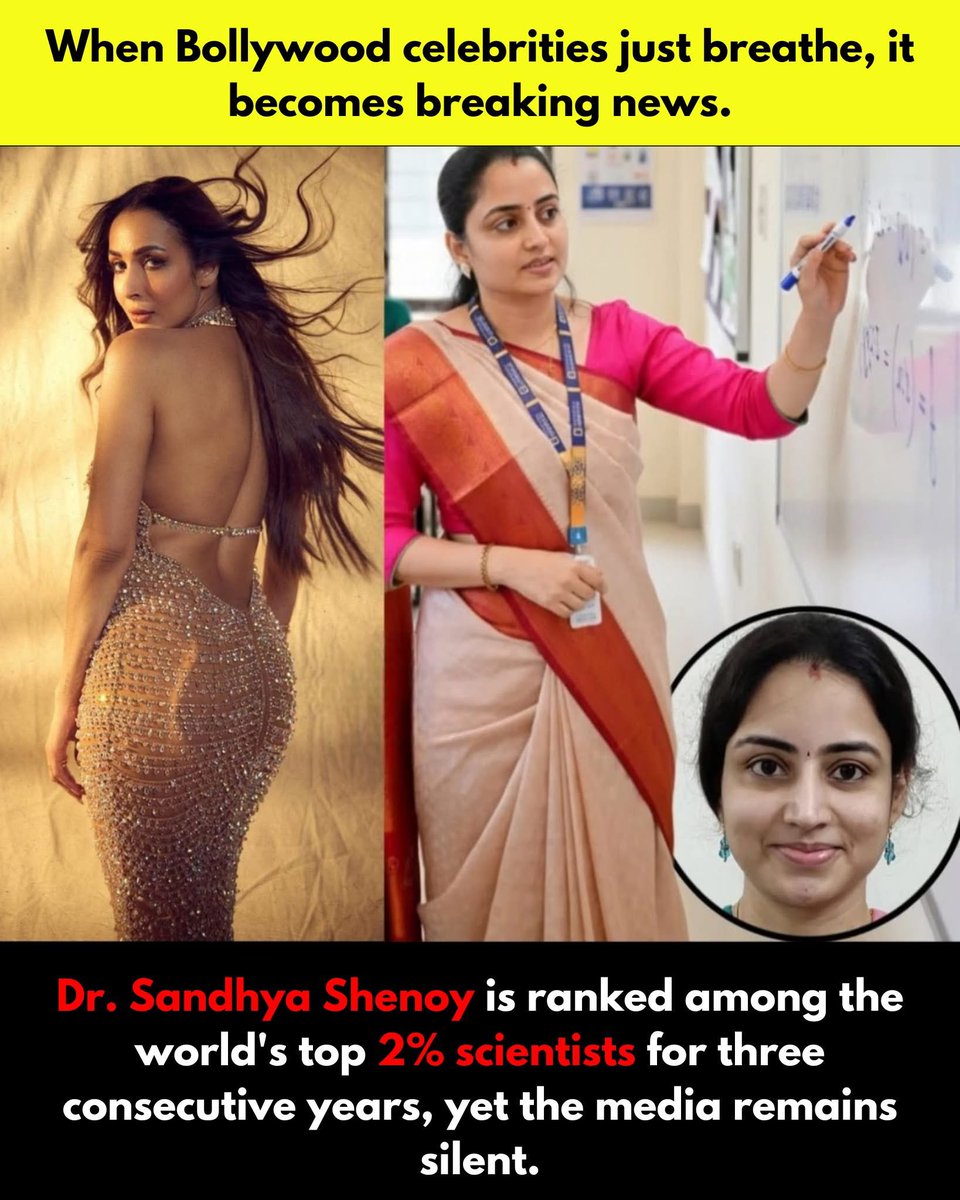 tathvamasi6's tweet photo. Every action taken by a Bollywood star immediately makes headlines. But, genuinely significant accomplishments go unnoticed. 

For instance, Dr. Sandhya Shenoy. For three consecutive years, she has been ranked among the top 2% of scientists worldwide, which is an amazing accomplishment that is a testament to her diligence, commitment, and scientific contribution.

However, her tale has hardly been reported by the media in spite of her outstanding recognition.