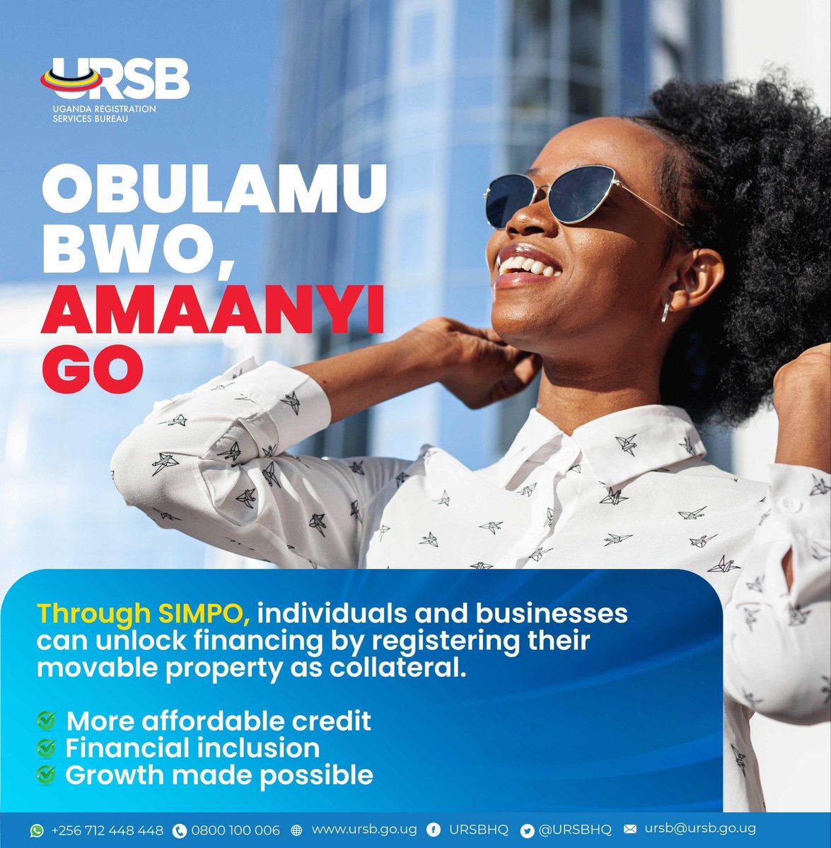 Use your movable assets to access credit under the Security Interest in Movable Property Registry System (SIMPO). 

Safer Lending | Easier Borrowing

Visit simpo.ursb.go.ug to learn more.

#FinancialSecurity #BusinessGrowth #LoanProtection #MovableProperty #SIMPO
