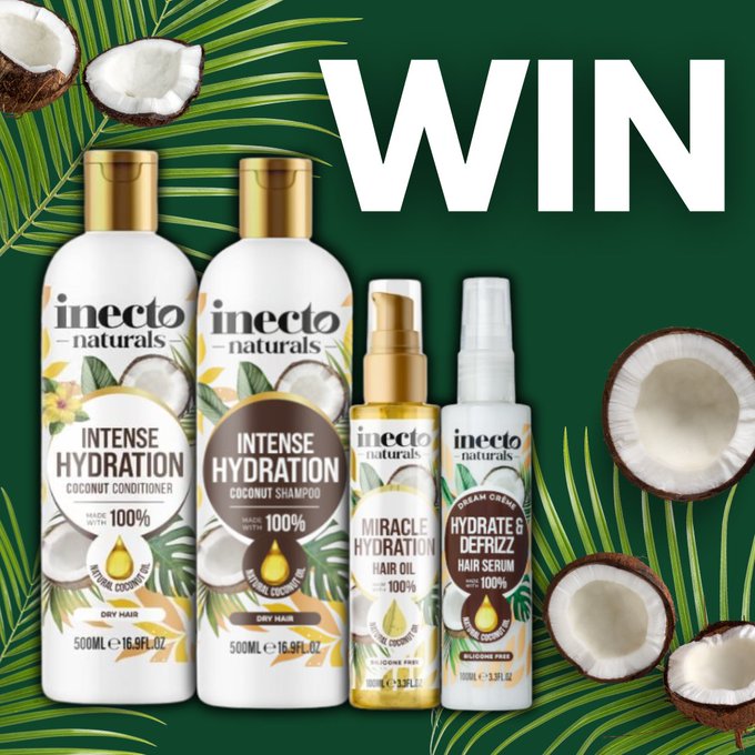 Image displays multiple Inecto Naturals coconut haircare products arranged on a green background with tropical leaves and coconut slices Products include intense hydration shampoo 500ml 18 fl oz intense hydration conditioner 500ml 18 fl oz hair oil 100ml 34 fl oz miracle oil 100ml 34 fl oz defrizz and hydration serum 100ml 34 fl oz and hydrate serum 30ml 1 fl oz Bold WIN text overlays the center emphasizing the giveaway bundle