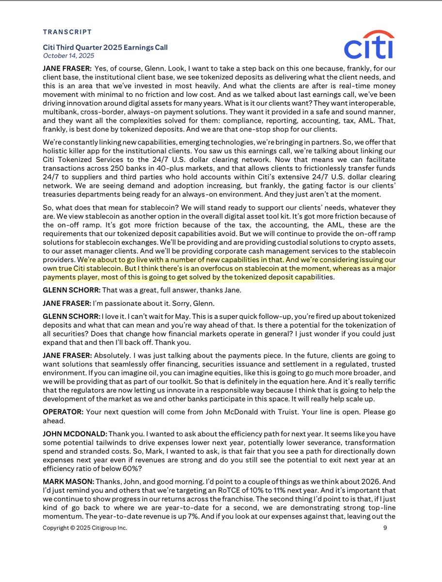 ‼️ OCTOBER 2025: CITI EARNINGS CALL CONFIRMS PLAN TO ROLL OUT NEW BLOCKCHAIN SERVICES AND A CITI-BACKED STABLECOIN‼️

Documented.📝👇