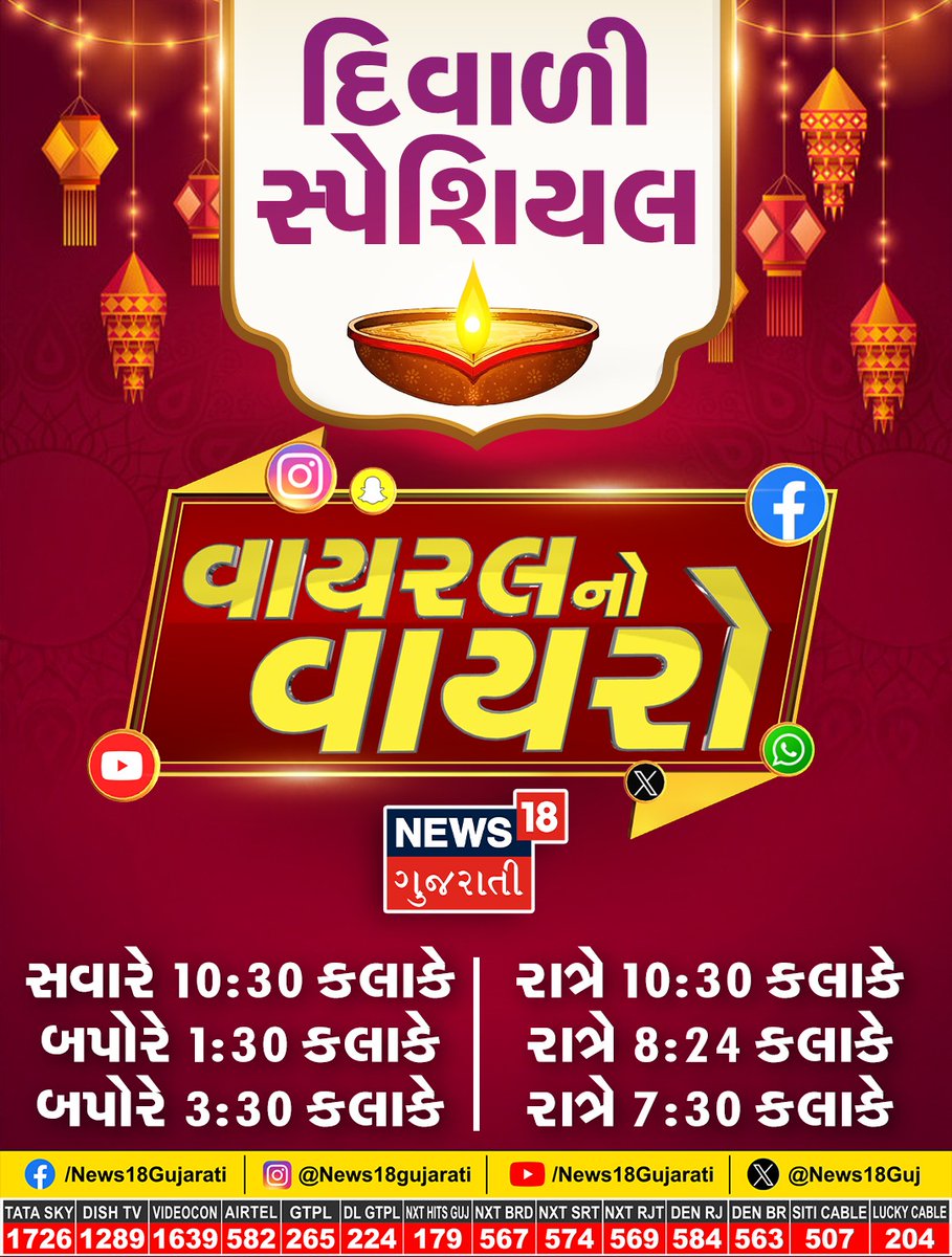 આ દિવાળી વાયરલવાળી

(દિવાળીના સૌથી વધુ ટ્રેન્ડ થતા વીડિયોનો ખજાનો)

(જોવાનુ ચૂકશો નહીં વાયરલની દુનિયાનો નંબર વન લોકપ્રિય શૉ - વાયરલનો વાયરો - NEWS18 GUJARATI)

#happydiwali2025 #VIRALNOVAYRO #News18Gujarati