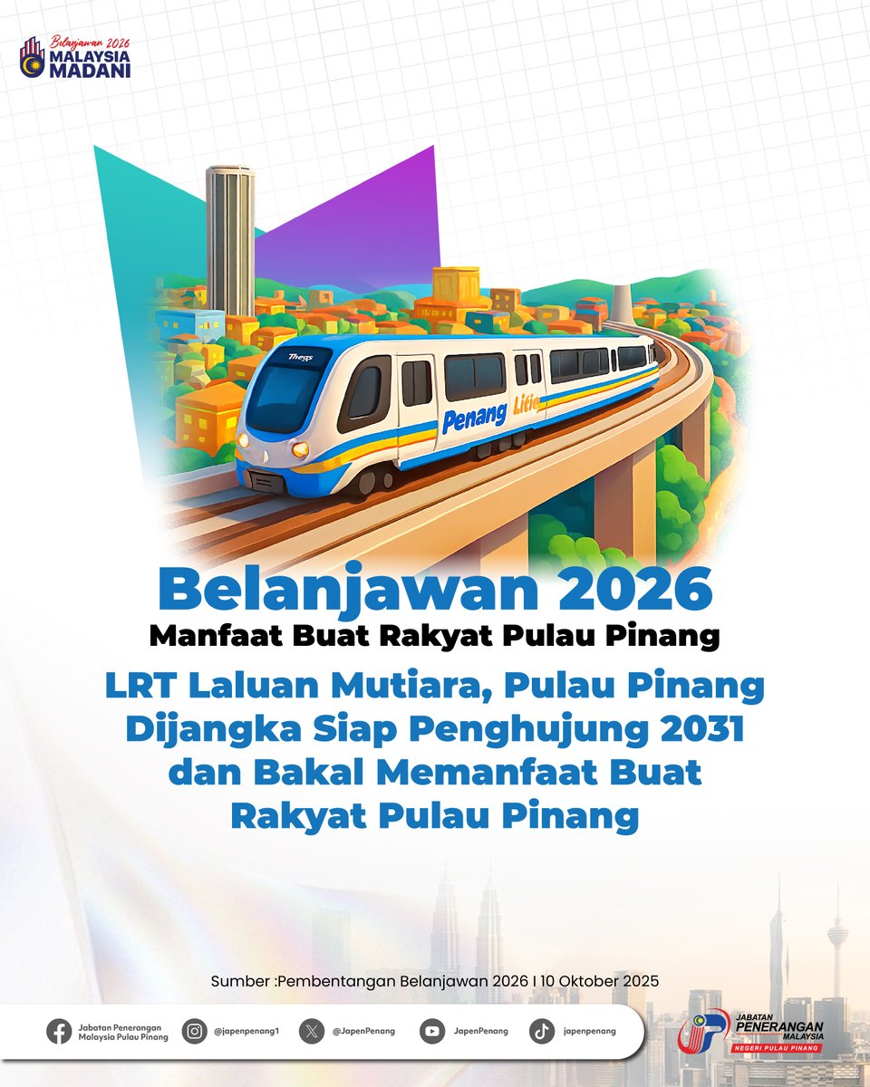 PenangJapen's tweet image. [ INFOGRAFIK ]

Belanjawan 2026  I  Antara projek pembangunan berkepentingan rakyat buat penduduk Pulau Pinang adalah LRT Laluan Mutiara, Pulau Pinang dijangka siap penghujung 2031 dan bakal memanfaat buat rakyat Pulau Pinang.

#Belanjawan2026
#TaatSetia
#MADANIBekerja
-