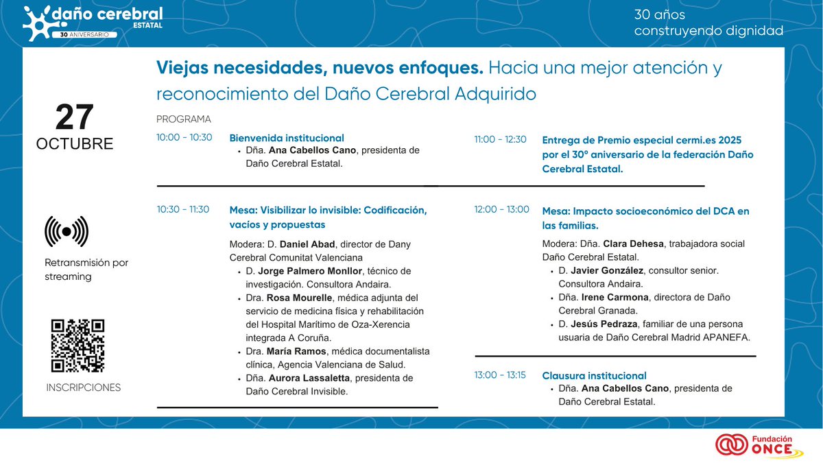 📆El 27 de octubre celebramos en el Congreso el #DíaDañoCerebral

💡Infradetección, impacto familiar y premio Cermi por nuestro 30 aniversario. 

👉Inscríbete ya para acompañarnos por streaming: forms.office.com/e/yPB8U8meap