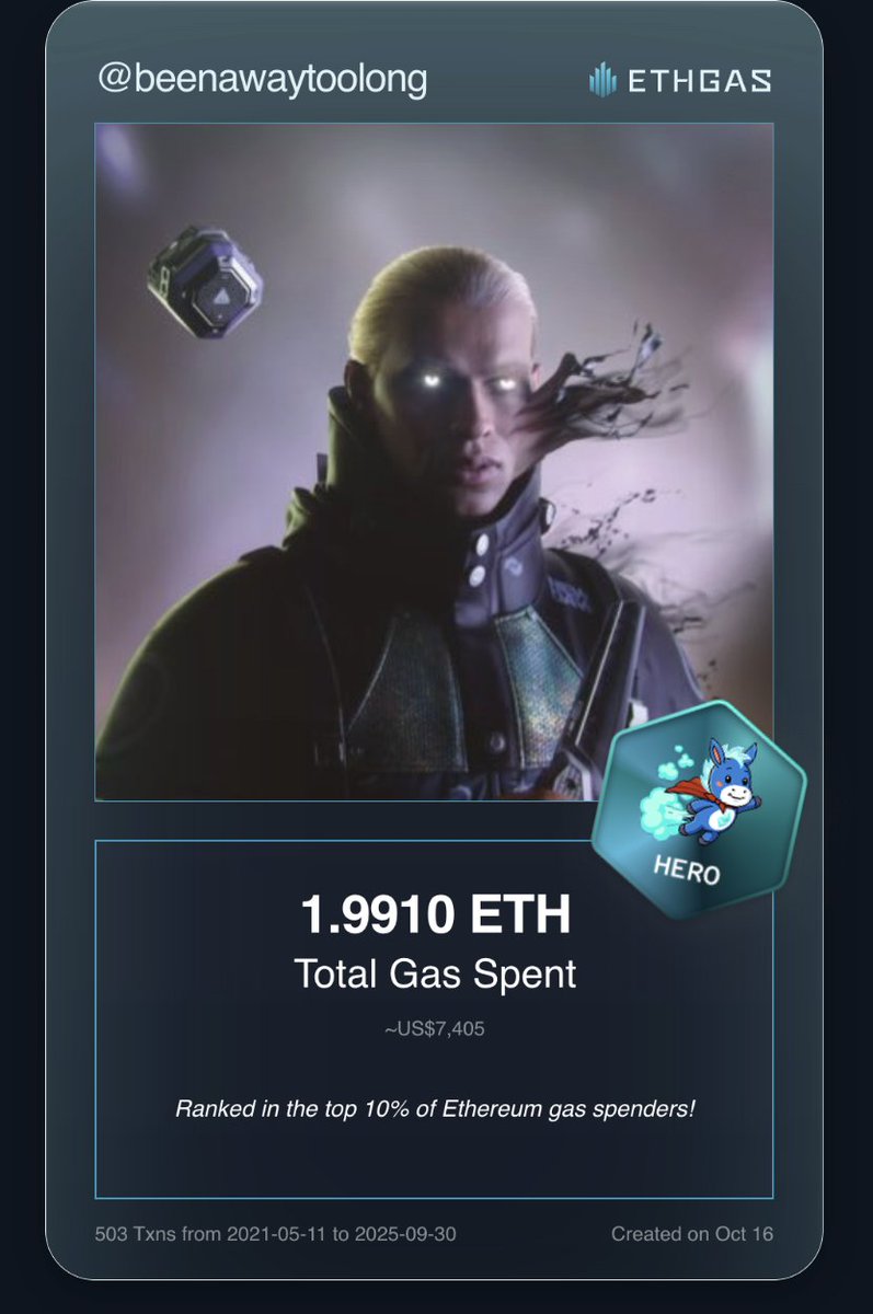 Leveled up in the Great Gas Reckoning with ETHGas! 💪

Hero Jack status: 1.991 ETH gas spent, 1000 Beans earned—supporting the Gasless Future!

Claim your Gas ID at ethgas.com/community/gas-…