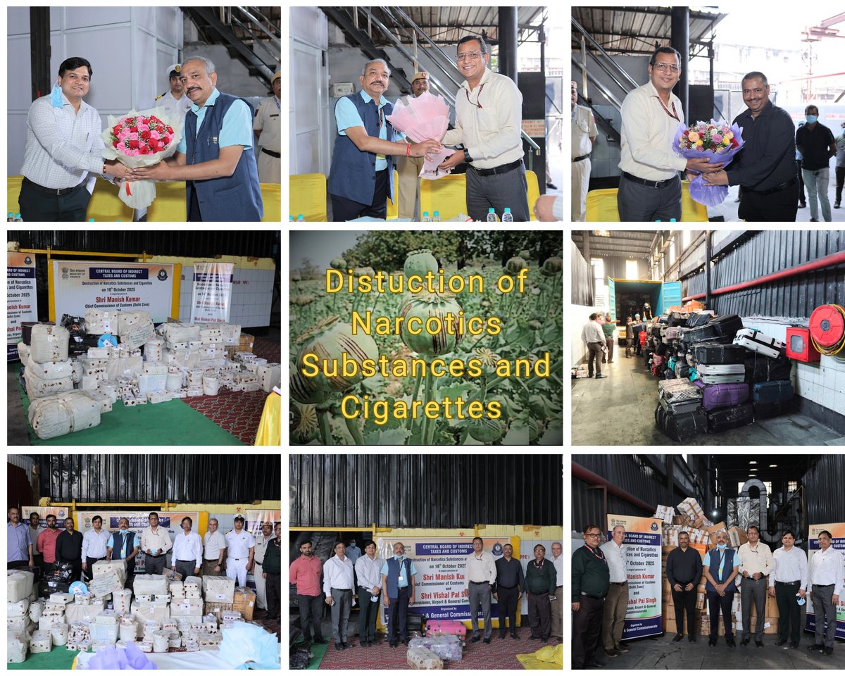 AirportGenCus's tweet photo. The Central Board of Indirect Taxes and Customs (CBIC), Ministry of Finance and Delhi Customs (Airport & General) Commissionerate destroyed a total of around 26 Lakhs cigarette of foreign origin, 219.60 Kgs of NDPS drugs (Heroin, Cocaine, Ganja, Charas, etc), Gutkha/ Pan Masala and e-Cigarettes.

Value of destroyed Drugs, Cigarettes etc. is Rs. 852 Crores approx. These goods were seized by the Customs department for violation of Customs Act, NDPS Act and the Cigarette and Other Tobacco Products Act. 

The destruction process was carried out on 16th October, 2025 in a safe and non-hazardous manner at a waste management facility at Delhi in presence of Shri Manish Kumar, Chief Commissioner of Delhi Customs Zone and Shri Vishal Pal Singh, Commissioner of Customs (Airport & General) Commissionerate. @cbic_india @Delhicustoms #SpecialCampaign5_0