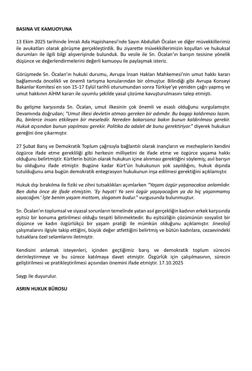 13 Ekim 2025 tarihli Avukat ziyaretine dair açıklamamız;