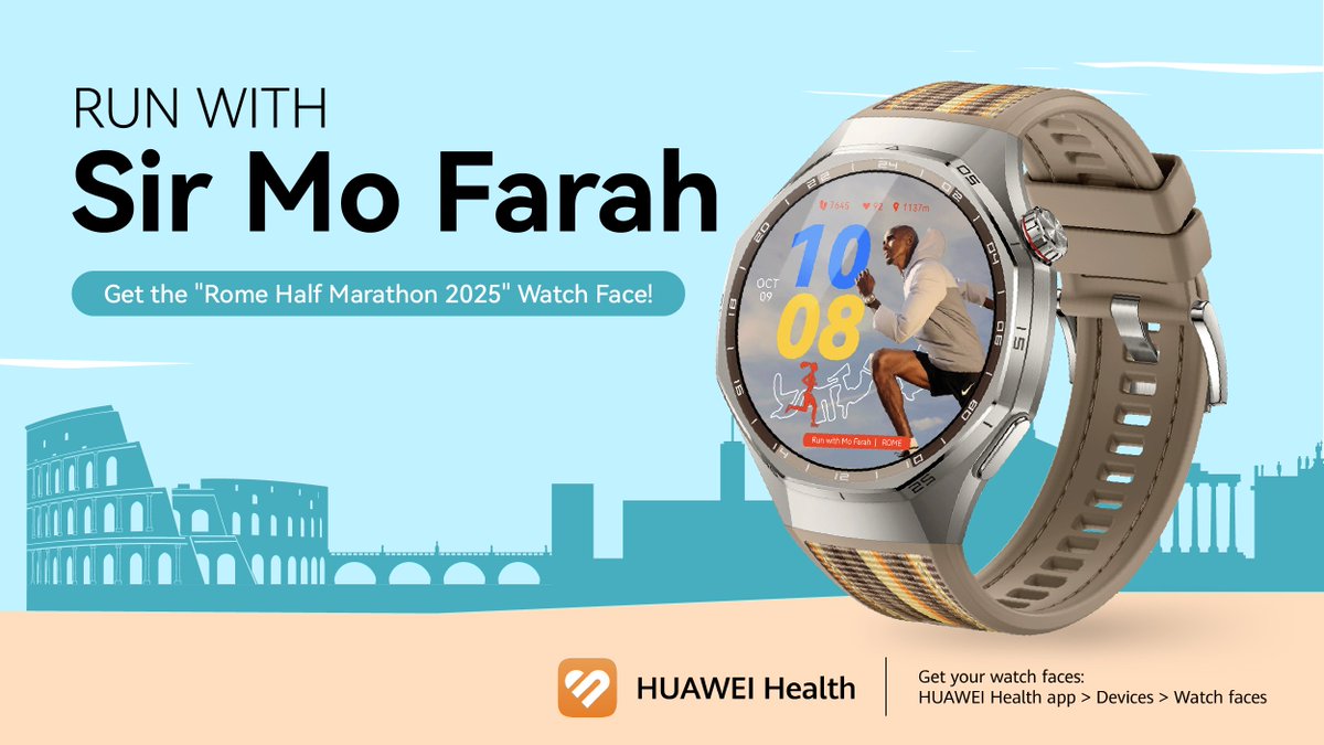 Run with HUAWEI &amp; 4x Olympic gold medallist Sir Mo Farah at the Rome Half Marathon! 
 
Check the special Watch Face - see Sir Mo Farah running along the route, with steps, heart rate &amp; distance at a glance.
 
👉 Explore all Watch Faces: consumer.huawei.com/en/mobileservi…