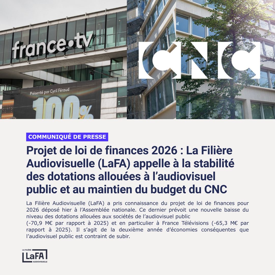 La Filière Audiovisuelle appelle à la stabilité des dotations allouées à l'audiovisuel public et au maintien du budget du CNC (<a href="/LeCNC/">Le CNC</a>)

▶️ Retrouvez notre communiqué de presse ici : urlr.me/twEUp8