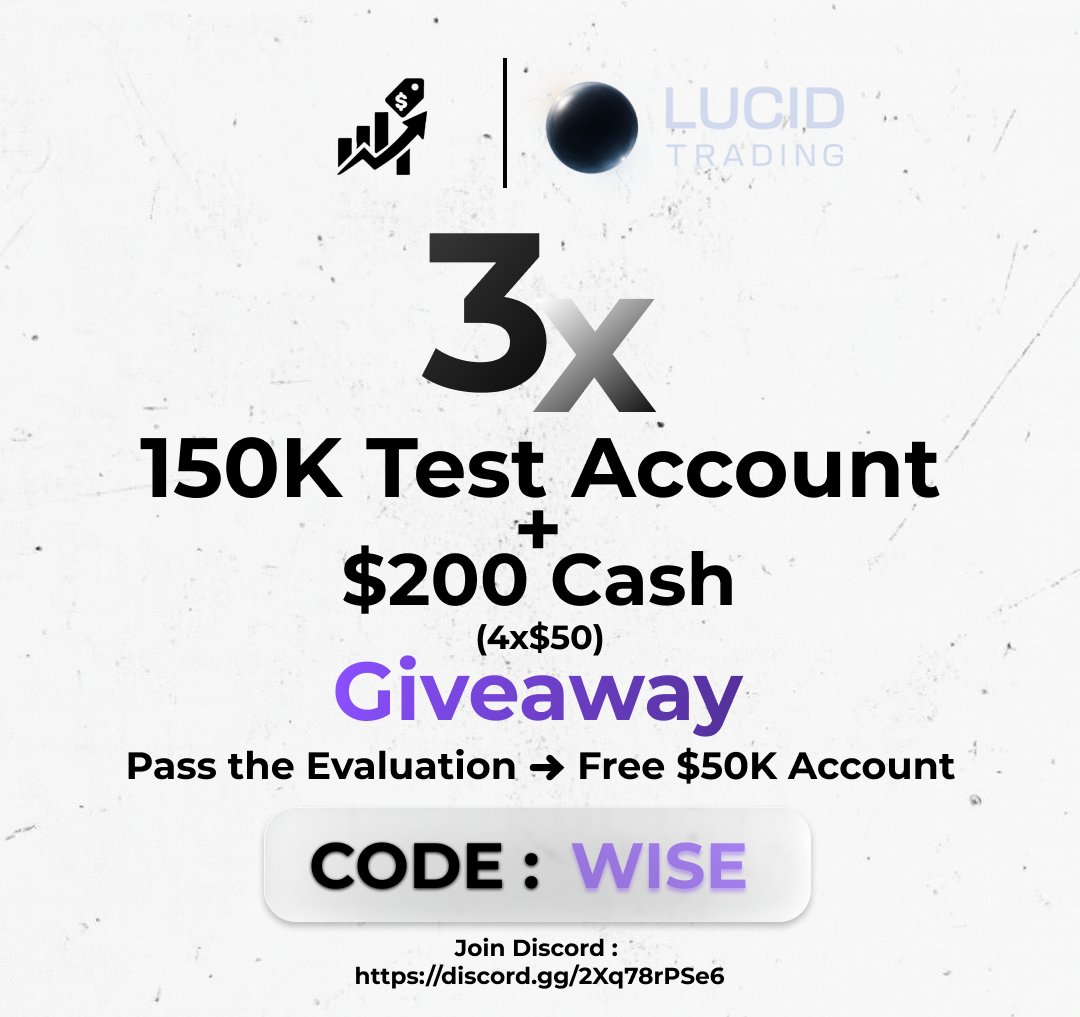 Prop Firm Wise - Cashback on Prop Firms (@propfirmwise) on Twitter photo ⚡️ GIVEAWAY 5/5 — FINAL ROUND! ⚡️
We’re giving away 3x $150K Lucid Test Accounts + 4x $50 Cash!
How to enter:
1️⃣ Follow us & <a href="/TradingLucid/">Lucid Trading</a>
2️⃣ Join our Discord (link in bio) and react with 🎉 under the giveaway post
💡 Pro Tip: Use code WISE when buying a Lucid test — pass it ⚡️ GIVEAWAY 5/5 — FINAL ROUND! ⚡️
We’re giving away 3x $150K Lucid Test Accounts + 4x $50 Cash!
How to enter:
1️⃣ Follow us & <a href="/TradingLucid/">Lucid Trading</a>
2️⃣ Join our Discord (link in bio) and react with 🎉 under the giveaway post
💡 Pro Tip: Use code WISE when buying a Lucid test — pass it