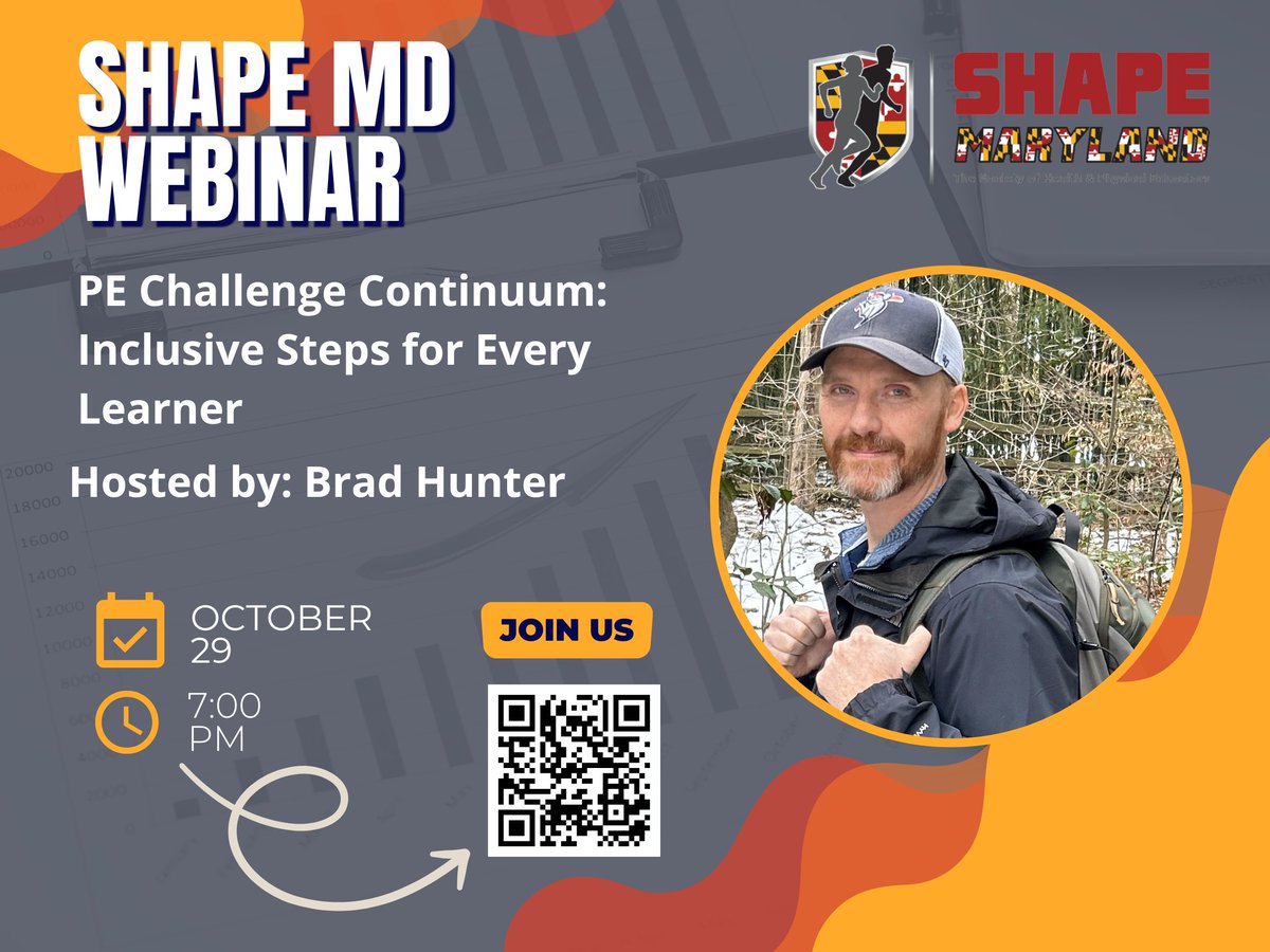 BHunterinBmore's tweet image. I hope you will consider joining me, SHAPE MD, and @MAPEC_Members for this free webinar on October 29th at 7:00pm

The content is applicable for #phsyed and #AdaptedPE alike.

You can register via the QR code on the flyer or using this link:    forms.gle/vvh53hT6oku9zA…