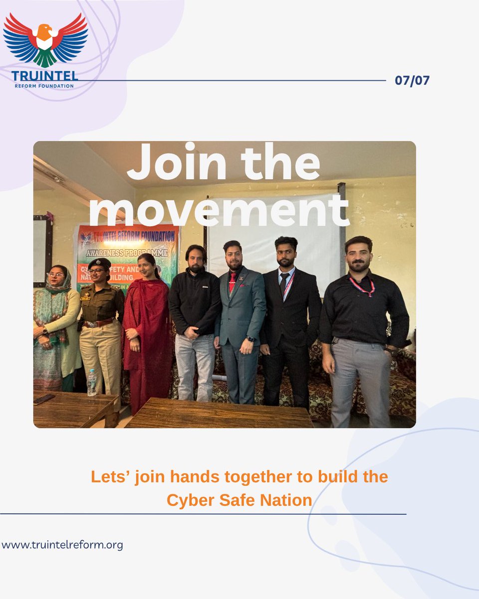TruIntel_Reform's tweet image. 7/
Together, we aim to build a digitally strong, aware, and empowered India. 🇮🇳 
#CyberSafety #NationBuilding #TruIntelReformFoundation #DrSuhaibAmin #IPSNehaJain #TouseefRaina #YouthEmpowerment #DigitalIndia #Baramulla