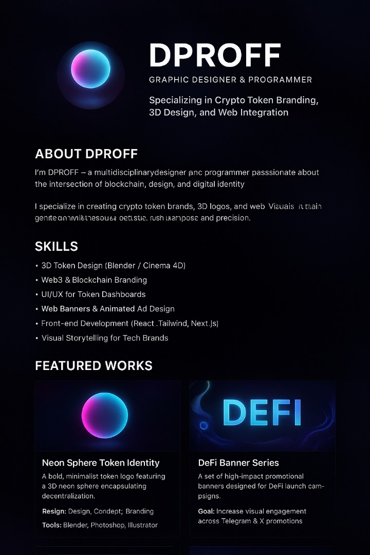 design_proff26's tweet image. When art meets algorithms — the future is born.
💻✨ Code by DPROFF. Design by DPROFF.
#DesignProff #Web3Developer #SmartContractDesign #CryptoBranding